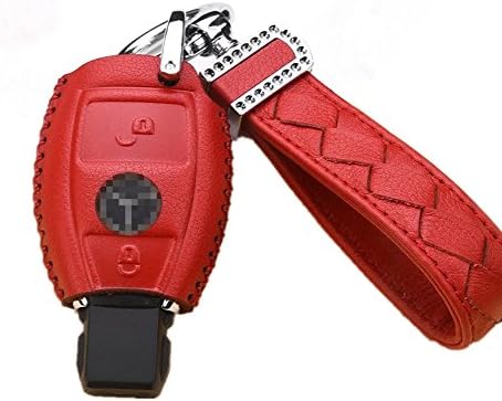 Womens Red Genuine Leather Key Case Cover Shell For Mercedes-Benz 2-3-Button Keyless Entry Remote Control Smart Car Key Protection Fob Skin Cover Etui with Diamond Braided Key Chain & Key Rings