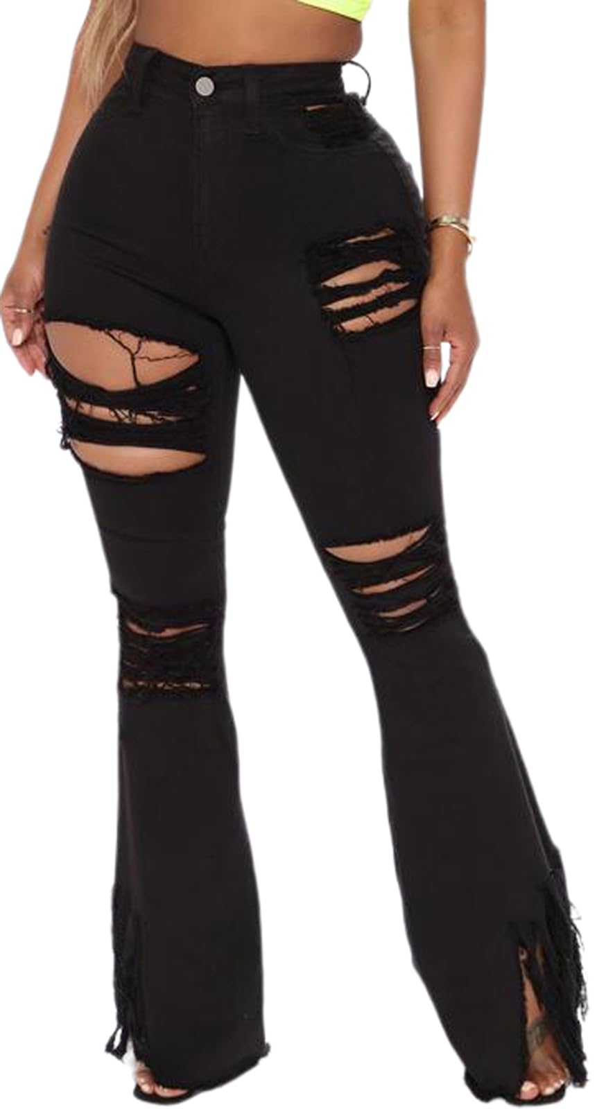 Photo 1 of Women's Tassels Bell Bottom Jeans for Black Ripped Elastic High Waisted Flared Jeans 70s Classic Destroyed Raw Hem Denim Pants(E-0Black,Large)