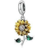 Mushroom 925 Sterling Silver Charms Red Enamel a Green Plant Flower Bellflower Cactus Charms Color Crystal Spacer Beads for Pandora Charm Bracelet (Sunflower Pendant -B2079)
