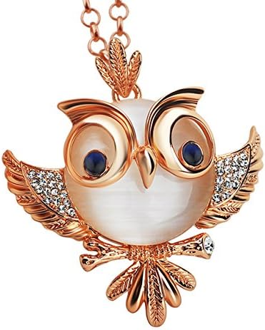Le Premium Cute Owlet Pendant Long Chain Necklace Cat's Eye Stone Belly Blue Eye Rose Gold Plated