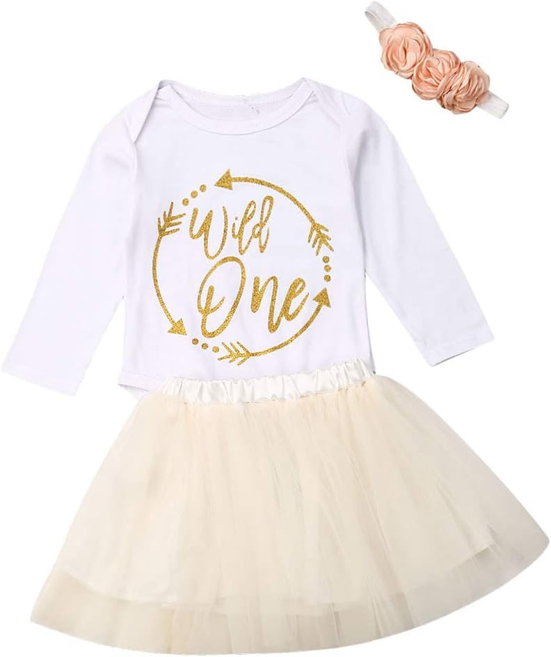 Infant Baby Girls Outfits First Birthday Clothes Wild One Romper Tops Tutu Skirt with Headband 3Pc Dress Sets