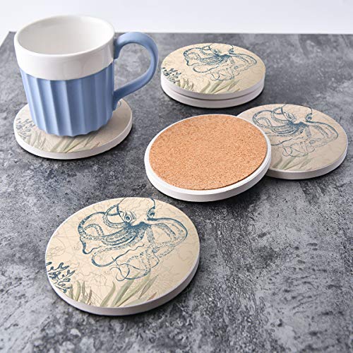 Absorbent Stone Coasters with Metal Holder-set of 6-4" x 4" -1/4" Thick,Absorbent,Heat-Resistant - Round Edges Best for Drinks in Office Home or Cottage