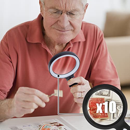 HAKACC 10X Magnifying Glass with Light, 12 LED Illuminated Handheld Magnifier 85mm Magnifying Lens for Hobbies Macular Degeneration Seniors Reading Kids Exploring