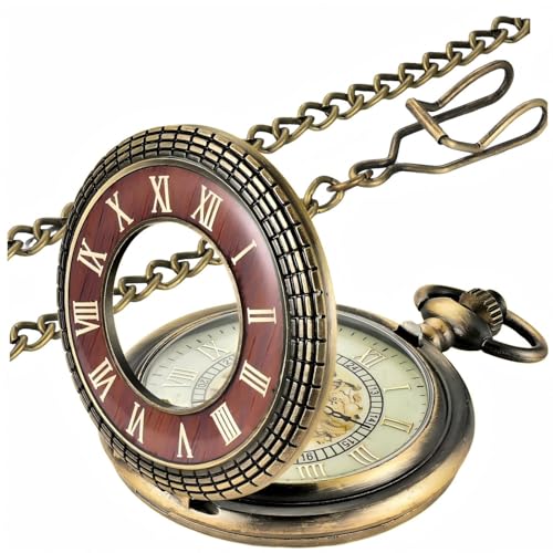 MJSCPHBJK Wood Grain Hollow Design Vintage Pocket Watch, Roman Numerals Scale Quartz Pocket Watch with Chain for Xmas Fathers Day Gift