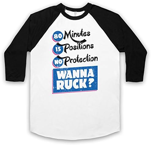 My Icon Men's 80 Minutes 15 Positions No Protection Wanna Ruck Rugby 3/4 Sleeve Retro Baseball Tee, White &amp; Black, Large