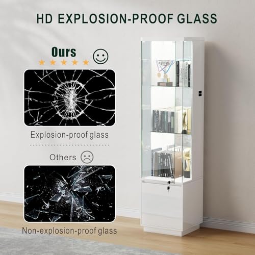 Lockable Curio Display Cabinet with Glass Door, 165cm Lighted Curio Cabinet with 3 Color Lights for Collectibles, 3-Tier Glass Display Case with Human Body Sensor for Living Room, White
