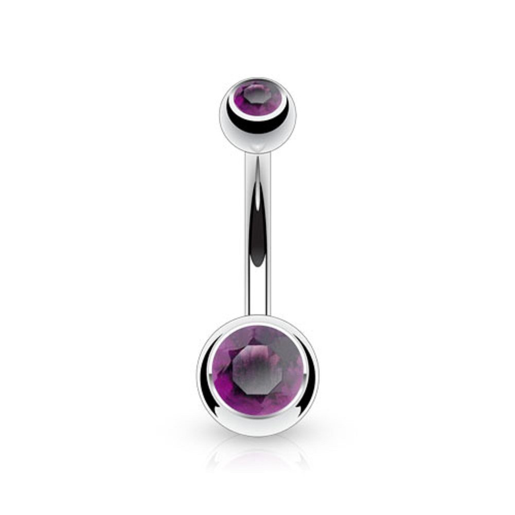 PiercedOff Titanium Belly Bar with Externally Threaded Purple CZ Gem Balls - Thickness 14GA (1.6mm) / Length 10mm / Ball Sizes 5mm Top and 8mm Bottom