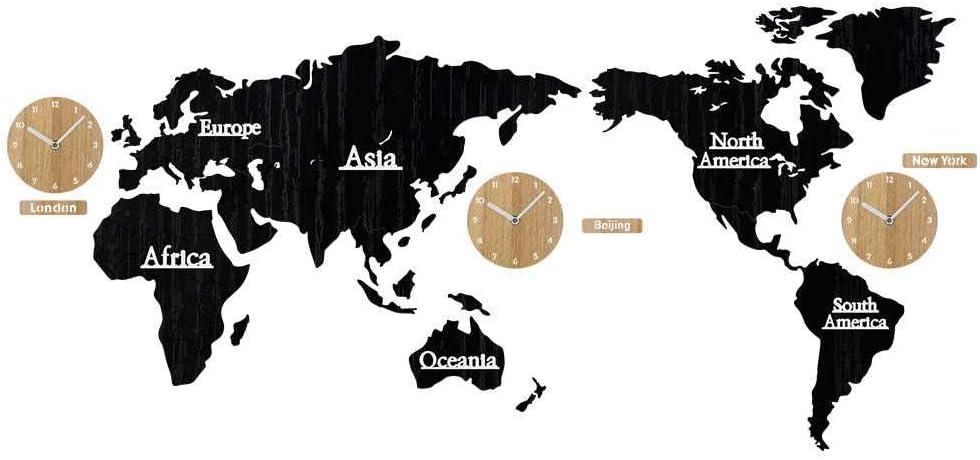 CHEBENDWall Clock Living Room Modern Office Bedroomrico Creative World Map Clock Color Wood Multi-Time Zone Wall Clock Medium 1.4 Meter Decorative Wall Clock