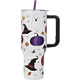 Bioworld Halloween Scary Icons 40 Oz Vacuum Insulated White Stainless Steel Tumbler with Handle & Leak-Proof Lid, Double-Wall Design for Hot or Cold Drinks