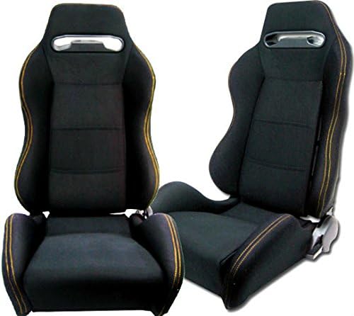 1 PAIR Cloth Sport Reclinable Racing Seats With Sliders … (Black with Yellow Stitch)