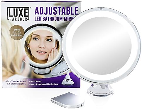 Luxe Harbour Lighted Makeup Mirror - 7x Magnification &amp; Adjustable Locking Suction Cup - Travel Vanity, Modern Tap Light Magnifying Bathroom, Bonus Compact Mirror - Top Gifts for Women
