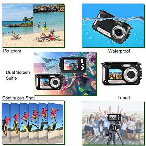 Waterproof Underwater Digital Camera for Snorkeling,Selfie Dual Screen Digital Cameras Waterproof Underwater Video Camera-Holiday,Trip (Black 1)