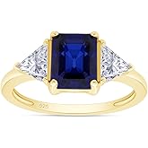 3 Stone Rings for Women Center 8X6MM Emerald Cut Simulated Blue Sapphire with White Topaz Statement Promise Ring in 14K Gold Plated 925 Sterling Silver Jewelry Gift for Her