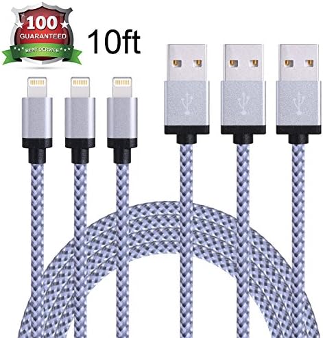 Iconew iPhone Cable 3 Piece 10ft Extra Long Nylon Braided Cord Lightning Cable to USB Charging Charger Compatible with iPhone 7/7 Plus/6S/6 Plus/6S Plus/5S/5C/SE/iPad Air/Mini/iPod Nano 7 - Grey/White