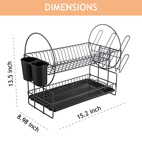 2 Tier Dish Drying Rack Kitchen Organizer with Drain Board, Gray Painted Steel, Naturous