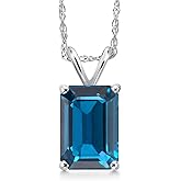Gem Stone King 14K White Gold Customized and Personalized Emerald Cut 9X7MM Gemstone Birthstone Pendant Necklace For Women With 18 Inch Chain