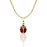 14K Yellow Gold Lady Bug Colored Enamel Lucky Charm Pendant with 0.9mm Singapore Chain Necklace