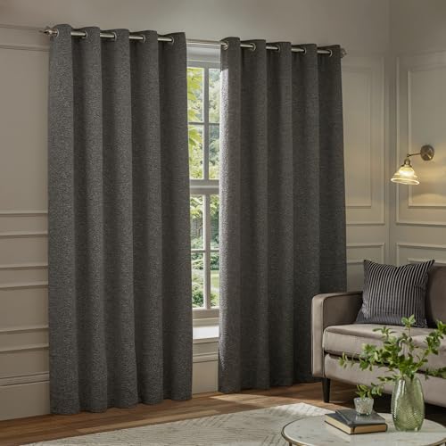 Paoletti Galaxy Ooggordijn Paar - Gevoerde Kamer Verduisterende Luxe Weelderige Chenille Gordijnen (Houtskool - 117x137cm)