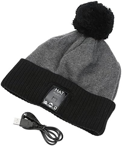 Bluetooth Beanie Hats with Speakers Pom Pom Hats FoYoung Wireless Earphones with Microphone Hands Free Running Headphones Birthday Gifts (Grey)