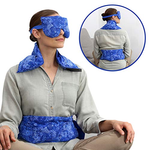 Hot Pockets® Natural Full Treatment Set for Hot & Cold Therapy - Reusable Microwaveable Heating Pads & Lavender Eye Mask for Relaxation - Blue Flower