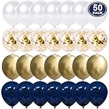 Navy Blue and Gold Confetti Balloons, 50 pcs 12 inch Pearl White and Gold Metallic Chrome Birthday Balloons for Celebration 2019 graduation party balloons