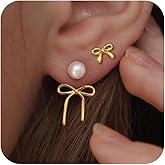 Risamil 14K Gold Plated/Silver Earrings for Women Trendy, Dainty Bow Earrings for Women Cute Pearl Huggie Earring Hoops Twist Rope Bow Stud Pearl Dangle Cubic Zirconia Earrings Jewelry Gifts