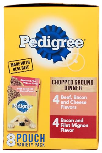 PEDIGREE CHOPPED GROUND DINNER 8 POUCHES,4-BACON AND FILET MIGNON FLAVOR, 4-BEEF, BACON, AND CHEESE