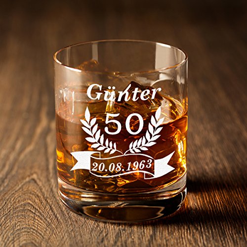 polar-effekt XXL Whiskyglas Personalisiert 420 ml Trink-Glas für Whiskey, Rum und Scotch - Geschenk-Idee für Männer - Motiv-Gravur Jubiläum Ährenkranz Banner – Bild 3