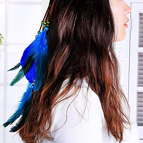 Feather Headband Hippie Indian Boho Hair Bands Tassel Bohemian Halloween Hair Hoop Women Girls Crown Hairband Party Decoration Headdress Cosplay Costume Headwear Headpiece Hair Accessories Blue