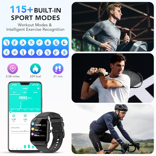 CASCHO Smart Watch Men Women, 1.85 Inch HD Smartwatch with Calls and Al, Whatsapp Notifications, Smart Watch with Pedometer/Heart Rate Monitor/SpO2/Sleep Monitor, 115+ Sports Modes, IP68 Black