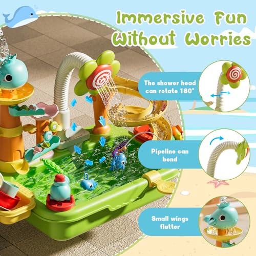 SwinKate Upgraded 4-in-1 Sand Water Table for Toddlers 1-3, Kids Sensory Table with Electric Water Pump & Sun Flower Faucet, Play Kitchen Sink with Food Accessories, Fishing Toy ‒ Adjustable Height