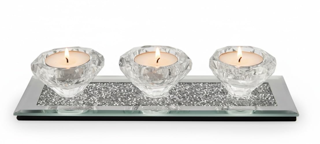 EagleWiz 3 Tealights Candle Holder Plate Crystal Affect Crushed Mirror Diamante Home tea light holder