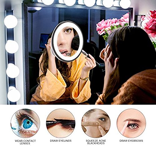 10x Magnifying Vanity Mirror LED Lighted Cosmetic Makeup Shower Mirror with Locking Suction Cup，360 Degree Swivel Rotation，Ideal for Bedroom Bathroom Travel