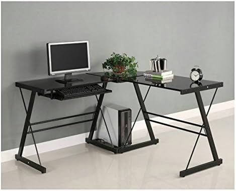 L-Shape Glass Laptop Table Home Office Corner Desk PC Computer Desk Workstation with Keyboard Tray and CPU Stand (Black) -Ropin