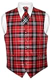 Men's Plaid Design Dress Vest & NeckTie Black Red White Neck Tie Set