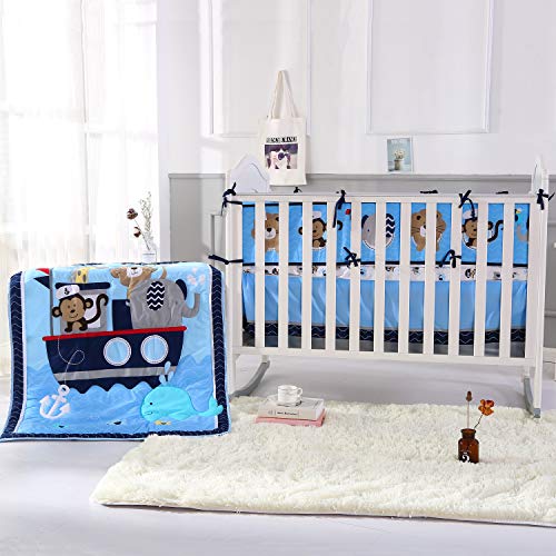 Wowelife Animal Baby Crib Sets Blue 7 Piece Monkey Elephant Lion and Giraffe Crib Bedding Sets Cotton with Bumpers(Sea Journey-7 Piece) - Thumbnail 2