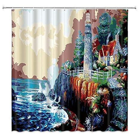 Amazon Com Bcnew Lighthouse Shower Curtain Decor Blue Ocean Sea