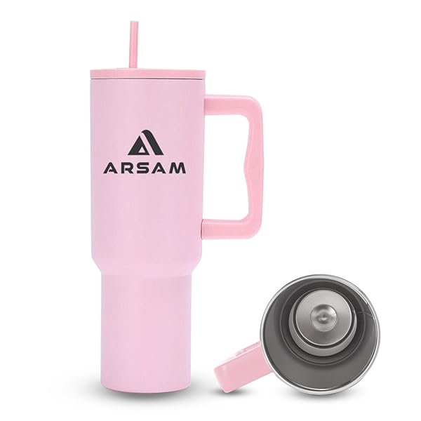 ARSAM TUMBLER WITH HANDLE AND STRAW | LEAK-PROOF, DOUBLE-WALLED, VACUUM-SEALED STAINLESS STEEL TRAVEL MUG | CUPHOLDER-FRIENDLY | INSULATED WATER BOTTLE | PINK 40 OZ