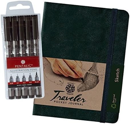 Pentalic Art Set Travelers Sketch Book Value Pack, 6-inch x 8-inch Black Journal with 5 Piece Illustration Pen
