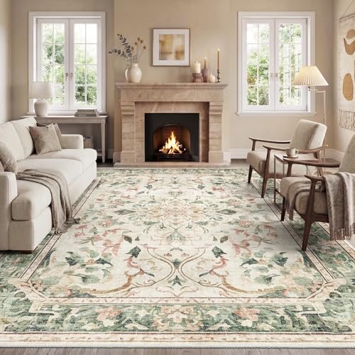 IKALIFE Washable Vintage Living Room Rug, Green, 240 x 340 cm | Large Washable Short Pile Rug with Floral Pattern, Non-Slip, Soft, Ideal for Living Room, Bedroom and Dining Room