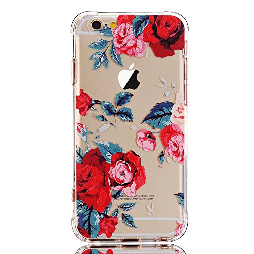 LUOLNH Slim Shockproof Clear Floral Pattern Soft Flexible TPU Back Cover Case Compatible with iPhone 6/6s [4.7 inch] -Red Rose