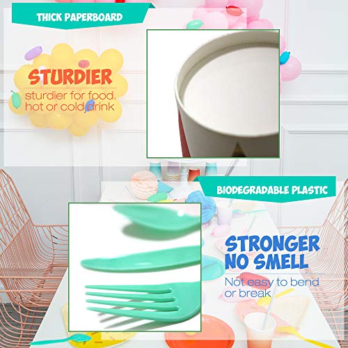 Partybus Party Supplies Set - Serves 12, 93 Ct, Sky Blue Ice Cream Theme Party Disposable Tableware Kit for Boys Girls Kids Birthday Decorations, Includes Dinner Plates, Dessert Plates, Napkins, Cups, Table Cloth, Silverware - Thumbnail 4