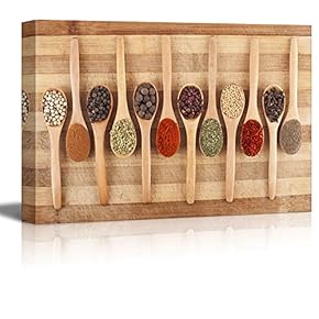Canvas Prints Wall Art - Various Spices on Wooden Spoons on Cutting Board | Modern Wall Decor/Home Art Stretched Gallery Wraps Giclee Print & Wood Framed. Ready to Hang - 12" x 18"