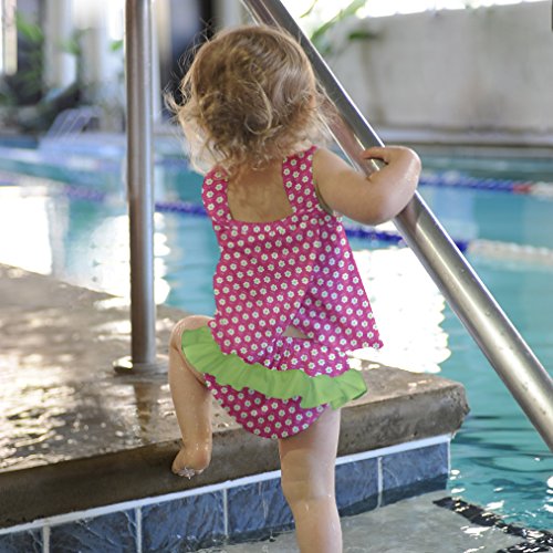 i play. Girls' Two-Piece Bow Tankini with Snap Reusable Swimsuit Diaper, Aqua Daisy, 6mo