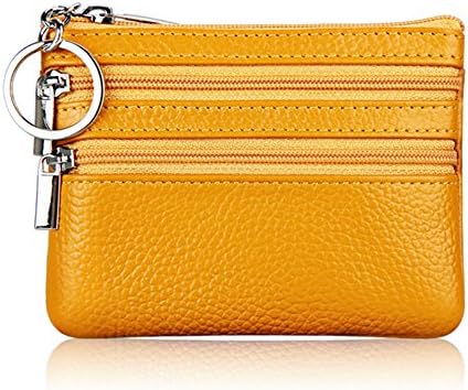Womens Mini Cute Genuine Leather Wallet Soft Coin Purse with Key Ring Chain and Zipper Pocket for Women and Teens Girls (Yellow)
