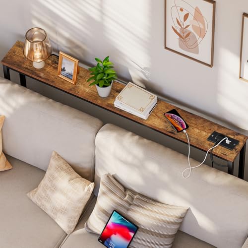 HOOBRO Extra Narrow Console Table with Power Outlets, 120cm Skinny Entryway Table for Living Room, Slim Console Table Behind Couch, Thin Sofa Table for Hallway, Foyer, Rustic Brown EBF15KXG01G1