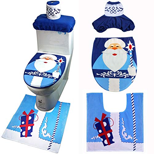Nesee Christmas Toilet Seat Cover Set, Toilet Seat Cover and Rug Set with Tank Lid Cover, Floor Rug Mat and Tissue Box Cover for Christmas Bathroom Decoration - Thumbnail 4