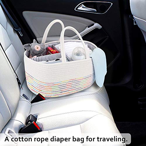 Mebbay Baby Diaper Caddy Organizer, Woven Cotton Rope Storage Basket, Nursery Storage Bin for Changing Table and Car, Detachable Partition with Bottle Holder, Colorful Stitching - Thumbnail 6