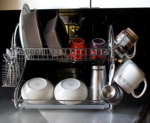 Meflying 2-Tier Dish Rack, Stainless Steel Dish Rack Drain Board Drainer Dryer Tray Holder For Glass Cup Home Kitchen(US STOCK) (Silver2) - Thumbnail 3