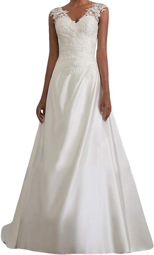 Women's Elegant Lace White V-Neck Open Back Sleeveless Princess Wedding Maxi Dresses, Smony Ladies Evening Costume UK Plus Size 10-24 (White, XXXXL=(UK:22))
